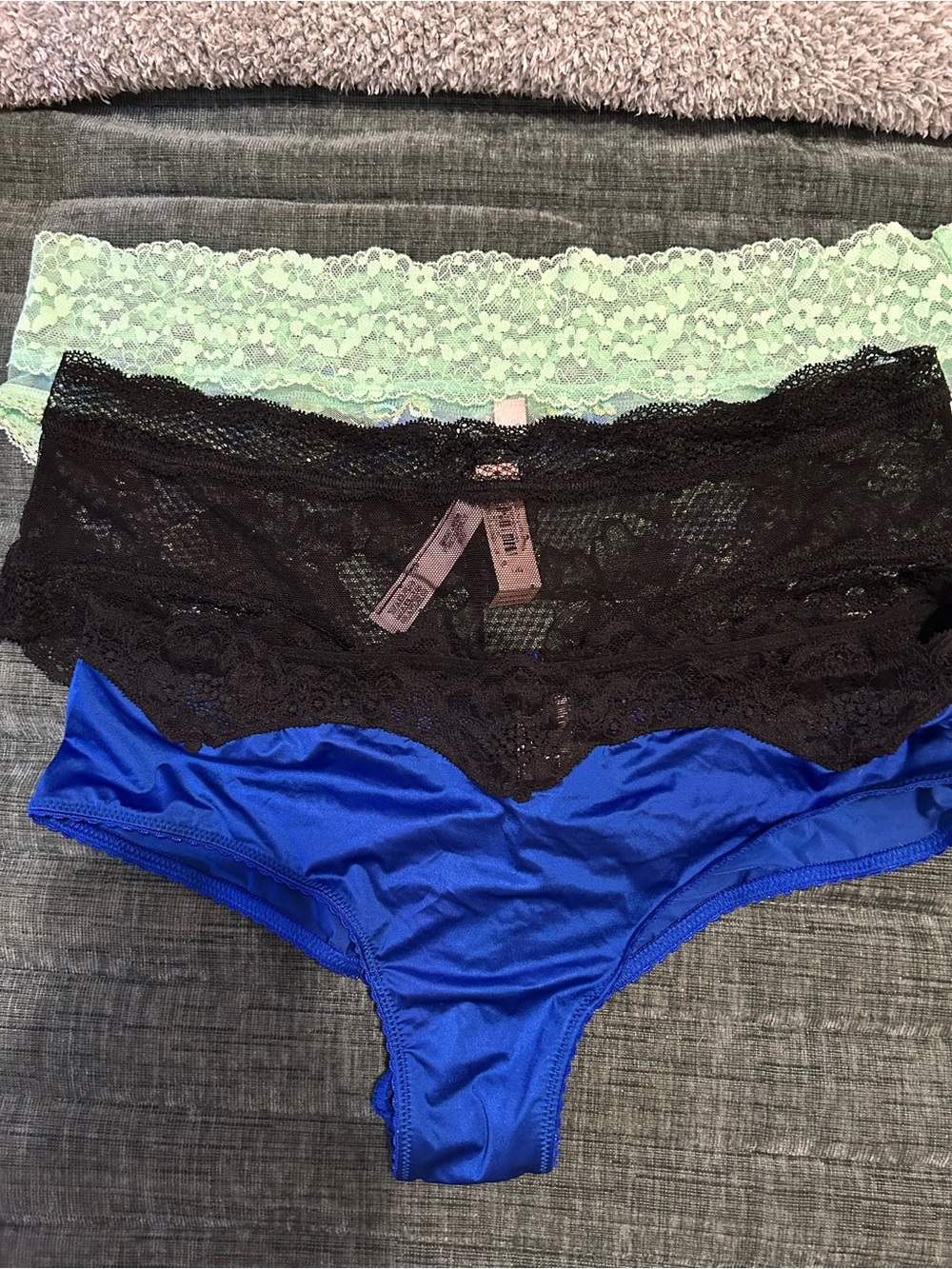 Victoria's Secret Lace & Satin Bikini Trio in Blue, Black, Mint